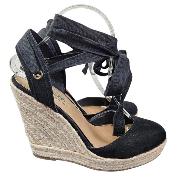 Steve Madden Barre Black‎ Closed Toe Lace Up Wedge Size 9M Faux Suede - Picture 4 of 10